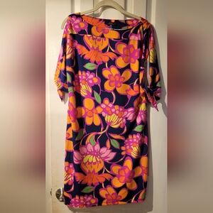 Trina Turk Floral Shift Dress Small Bright Pink Orange Navy Resort Vacation